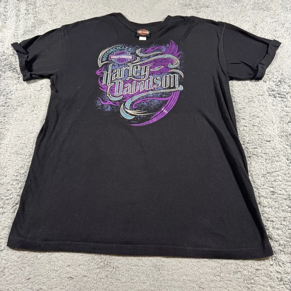 Harley Davidson Women Graphic T Shirt Large Black Wild West Lubbock TX Purple